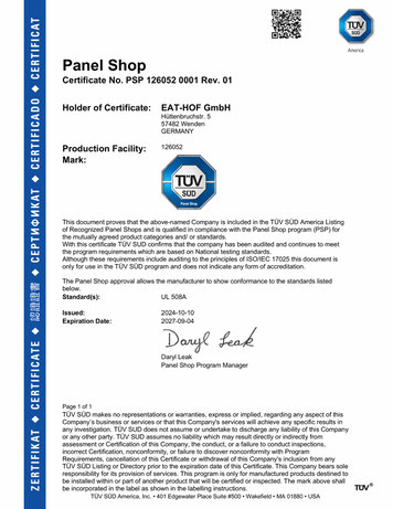 Unsere UL 508A-Zertifizierung ausgestellt von TÜV Süd