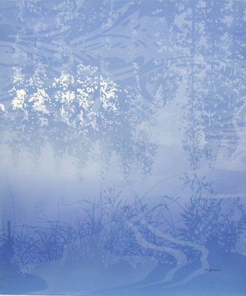 アクリル絵画　透明感　幻想的　植物　泡　水面
