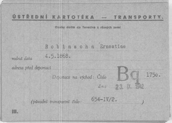 Transportschein 1942 v. Ernestine Robinsohn v. Theresienstadt nach Treblinka