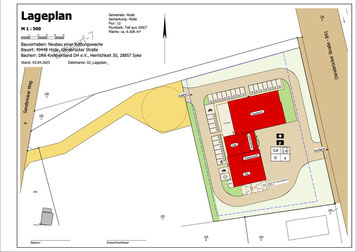 Ein Lageplan auf de Gebäude, Straßen und Bepflanzung eingezeichnet sind.