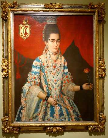 Portrait of Donna Maria Moreno y Buenaventura, Mexiko, ca. 1760. Das Bild stammt aus der Rokoko-Zeit, zeigt die mouches aber sehr gut. Phoenix Art Museum, AZ, United States. Foto: Epochs of Fashion