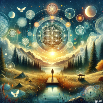 Un homme se tient au bout d'un ponton en bois, entouré d'une nature luxuriante et d'un ciel nocturne illuminé par des symboles mystiques et des constellations éclatantes, évoquant une harmonie entre l'homme et l'univers.