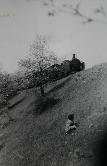 Administrator beobachtet 1957 den Personenzug am Bahndamm unterhalb des Seeställchens kurz vor Steinbach