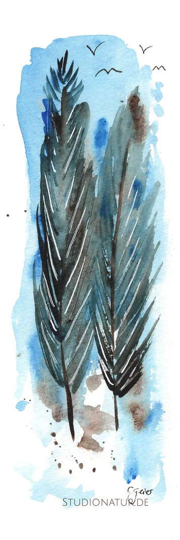 Federn, feather, Aquarell, bunt, watercolour, watercolor,  forest art, illustration, Original, Kunstwerk, Malerei, 