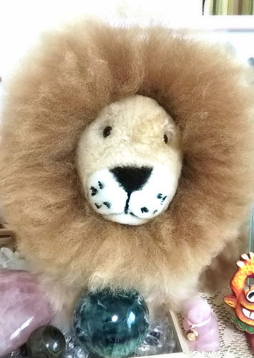 我が家に鎮座するライオンちゃん。エンジェルフェザーのフローライトと一緒に。