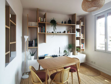 SALON-SEJOUR AVEC ETAGERES ET RANGEMENTS SUR MESURE