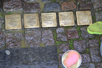 Reinigungsmittel neben fünf Stolpersteinen.