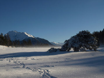 Schneeschuhspur in der Winterlandschaft