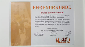 Ehrenurkunde für Dreirad-Zentrum Frankfurt