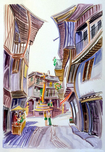 PLAZA DE LA ALBERCA (LA ALBERCA). Acuarela sobre papel prensado. 76 x 56 x 1 cm.