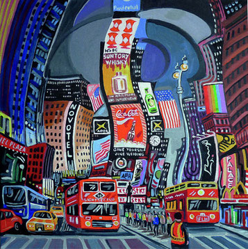 VISITANDO TIMES SQUARE (NEW YORK). Huile sur toile. 50 x 50 x 3,5 cm.