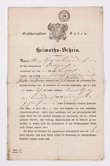 Badischer Heimatschein des Glasträgers Marx Spitz aus Bernaudorf, Bernau 21. April 1848