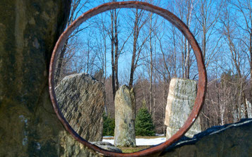 Looking through the sighting ring of the stone circle at Distant Hill Gardens in Walpole, New Hampshire.