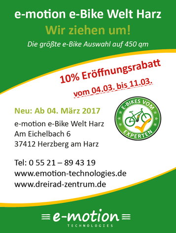 Umzug und Neueröffnung e-motion e-Bike Welt Harz