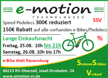 Sommerschlussverkauf in der e-motion e-Bike Welt Ravensburg