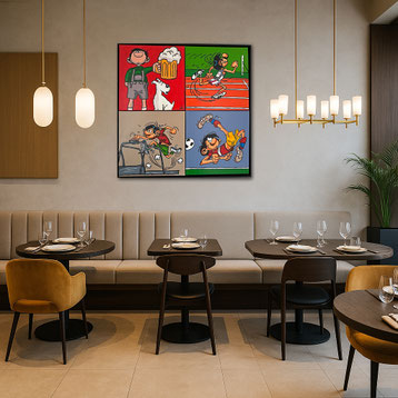 Wandgestaltung im Bistro mit dem Werk SPORTSBAR. Kunst von Divo Santino als dynamischer Kontrast zur gemütlichen Bistro-Atmosphäre.