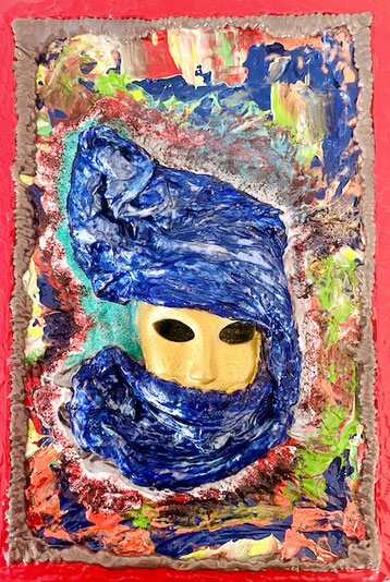 Kunstwerk „DIFFUSIONISMUS“ von A. Alka, Darstellung eines goldenen Gesichts mit tiefblauem Schal in einem farbintensiven, abstrakten Umfeld. Ausdruck eines individuellen Diffusionismus-Konzepts als Verschmelzung von Realität, Imagination und Erinnerung.