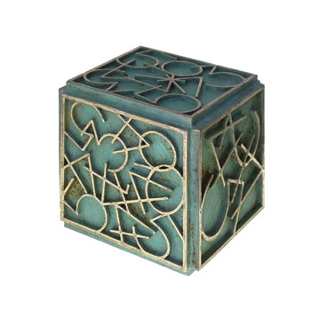 Paolo Grassi – Cube, bronze cube sculpture with interwoven numeric shapes and abstract grids.
