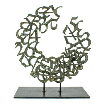Paolo Grassi bronze sculpture titled Love, circular form with green patina and numeric structure