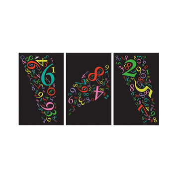 Big Triptych painting with colorful numeric abstraction on black background, by Paolo Grassi