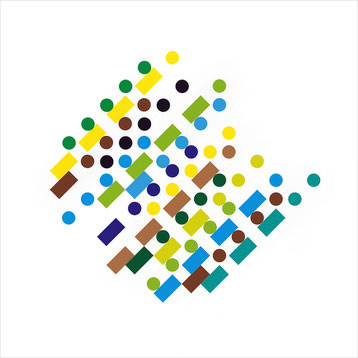 Paolo Grassi digital artwork with colorful dots and rectangles forming abstract diagonal grid