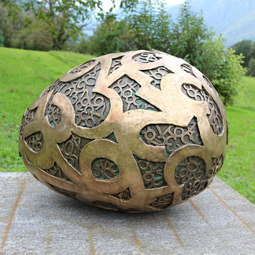 Paolo Grassi Big Egg sculpture in bronze with pierced numbers, outdoor installation