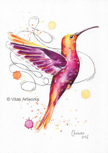 filigranes Kolibri Kunstwerk - gemalt mit Aquarell und Tinte