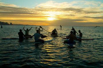 Eine kleine Gruppe Paddler haben sich sitzend auf ihren Boards zu einem Kreis formiert. Im Hintergrund der Sonnenuntergang über dem Meer.