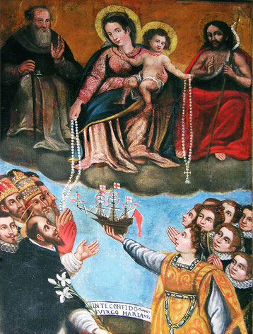 Nonza - La Vierge et l'Enfant donnent le Rosaire à Ste Julie et St Dominique en compagnie des principaux acteurs de la bataille de Lépante. St Antoine abbé et St Jean-Baptiste entourent la Vierge dans les nuées.