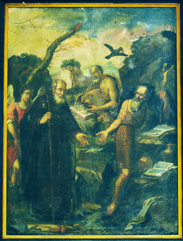 Bonifacio -Eglise de la Trinité - ancien ermitage - Antoine abbé, Paul ermite et Jérôme biographe de Paul (cliché Michel-Edouard Nigaglioni)