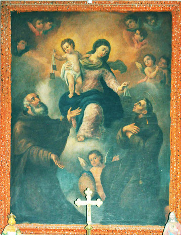 Lavatoggio remise du scapulaire à Saint Antoine abbé et à un saint moine (peut-être St Pascal Baylon ou St Ignace si on lit IHS sur le cartouche que tient l'angelot