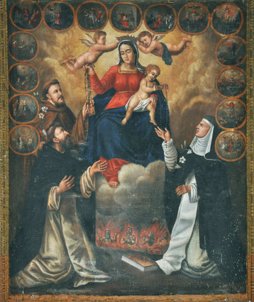 Poggio di Venaco - Donation du Rosaire à St François, St Dominique et Catherine de Sienne- Tableautins des Mystères et âmes du Purgatoire- d'après Domenico Piola (1624-1703)