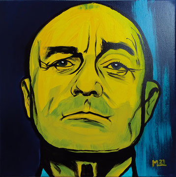 Modern Icons, Gelb, blau, Acrylmalerei, quadratisches Gemälde, Phil Collins, modern art