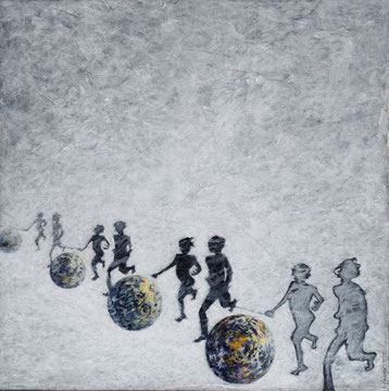 silouhaites  noir et blanc qui courent et poussent quatre planètes bleues et oranges