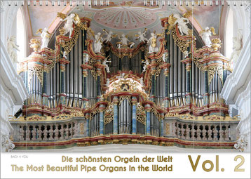 Der Orgelkalender 2018. In den oberen 90 % Fläche ist eine traumhafte barocke Orgel. Unten steht in goldener Schrift auf weißem Grund „Die schönsten Orgeln der Welt“. Rechts unten ist eine große, moderne 2018.