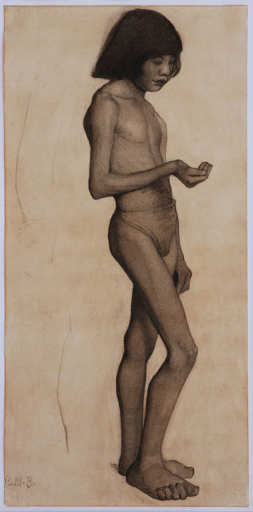Paula Modersohn-Becker, Stehender Junge mit angewinkeltem rechten Arm, Kohlezeichnung, 58,8x28,7 cm