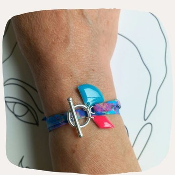 bracelet fait main argent massif cordon tissu Liberty bleu rose fermoir forme T