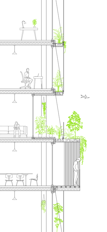 Detailed section drawing. Facade design for the General Tower in Linz. Ecological redesign with a light white structure and green plants for a better microclimate. 