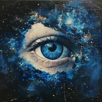 Ein Gemälde eines Auges blaue Pupille mit vielen Sternen darum herum, im Stil traumhafter Porträts, blau, Öl auf Leinwand, mischt realistische und fantastische Elemente, Majismo, Spachtel, Kunst der dunklen Materie