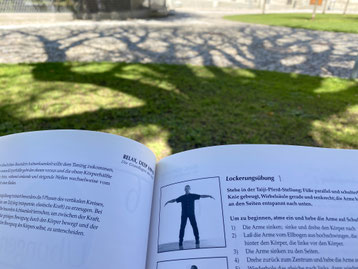 Blick in das Buch „Relax, Deep Mind. Grundlagen des Taiji“ von Patrick Kelly, Kapitel „Die fünf Lockerungsübungen“ im Schatten der grossen Eiche im Innenhof von Kloster Einsiedeln