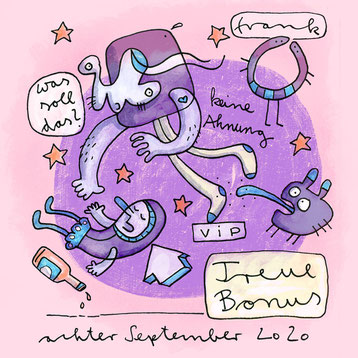 Illustration mit purzelnden Figuren in violett von Frank Schulz Berlin