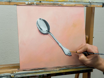 Glanzlichter malen, Spiegelung im Löffel, Acrylmalerei