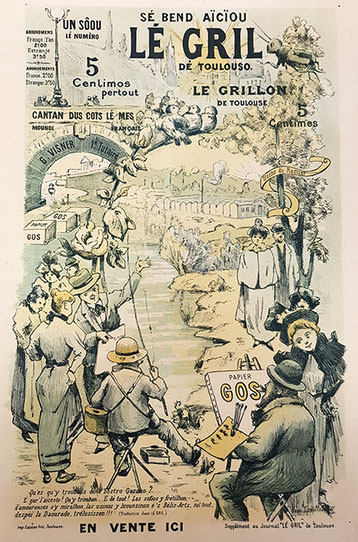 Affiche du Journal Lé Gril dé Toulouso - en fond on aperçoit l’usine du Ramier, sur la gauche le pont neuf et la Garonne ainsi que les grosses ramettes de papier Gos, derrière le titre on peut retrouver la basilique St Sernin.