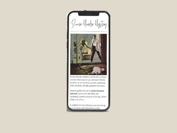 A cell phone showing the Dinner Murder Mystery website, which is mobile-friendly and tablet-friendly.