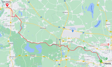 Marathonstrecke von Leipzig bis Halle (Saale). Bild: Google Maps mit Garmin Connect