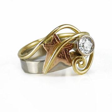 Ivy Leaf Ring - White, Yellow & Rose Gold with Diamond