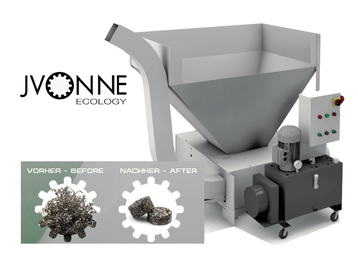 Jvonne Spänepresse mit Vorher/Nachher Bild von Spänen und Bricketts