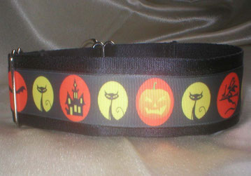 Martingale, Halsband, 4cm, Gurtband schwarz, Boprte mit Halloweenmotiven