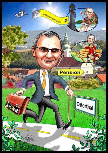 Karikatur vom Foto zeichnen lassen. Ein Mann eilt in die Pension..