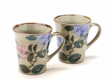 九谷焼 ペアマグカップ 新がく紫陽花ピンク+ブルー&ピンク+ピンク 裏絵